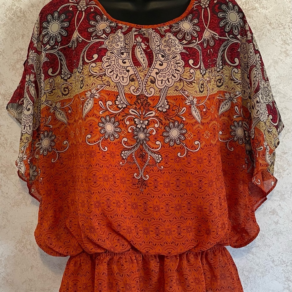 Dressbarn Ladies Orange Floral Blouson Blouse Gathered Elastic Waist Size Small